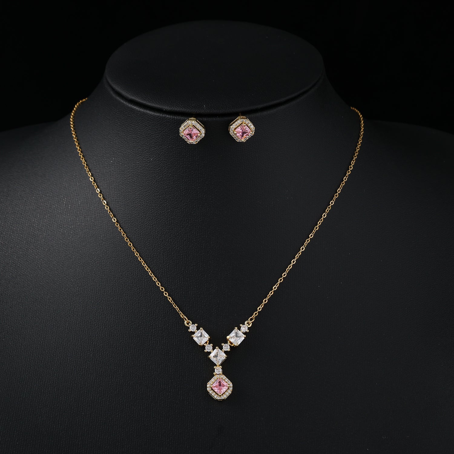 coll y are/cad del / 3 cristales cuadrados cuelga rombo rosa/ arete cuadro/ dorado