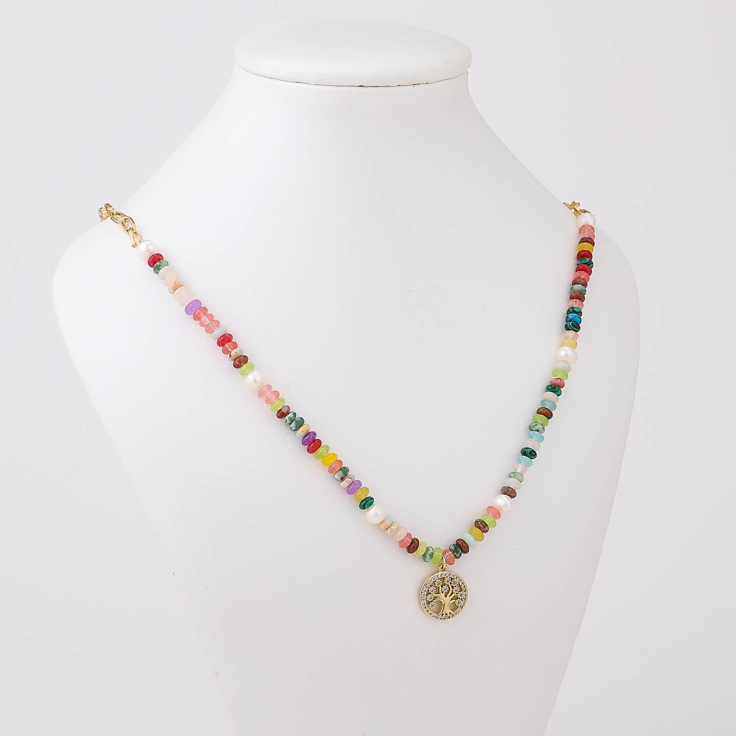 16" CAD ESLABON / AROS PIEDRA NATURAL MINI MULTICOLOR / DIJE ARBOL CRI