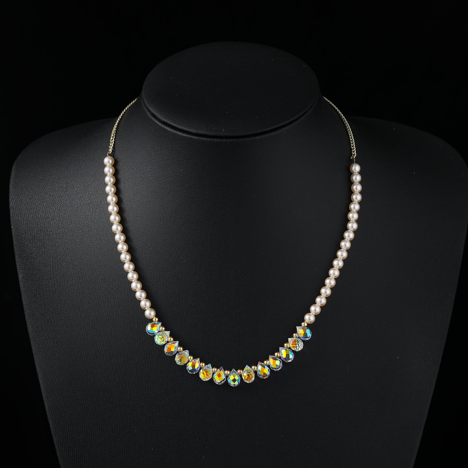 16" cad box / perlitas /centro cristal checo / broche bolita deslizante / dorado