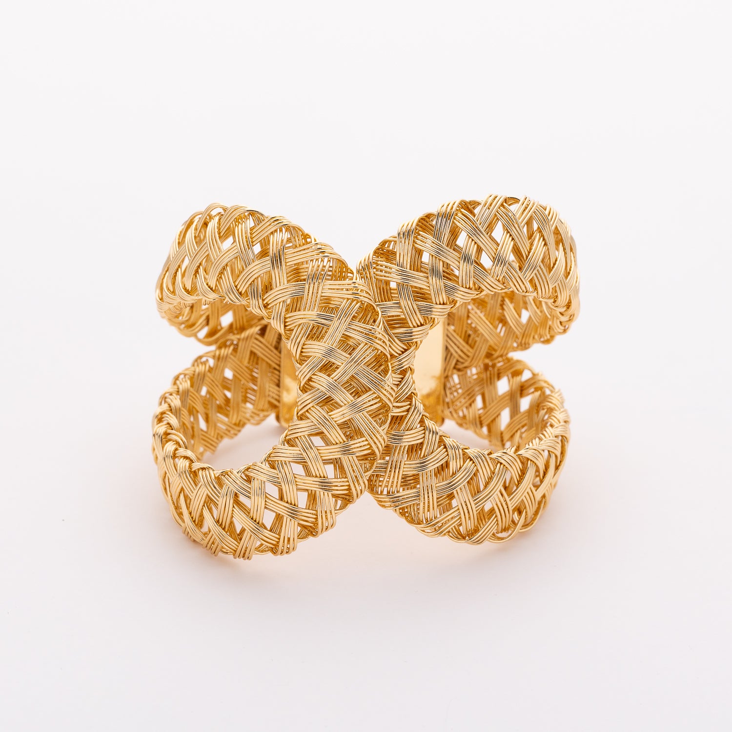 brazalete rigido ancho mediano abierto / 2 medios circulos tex trenzados / dorado