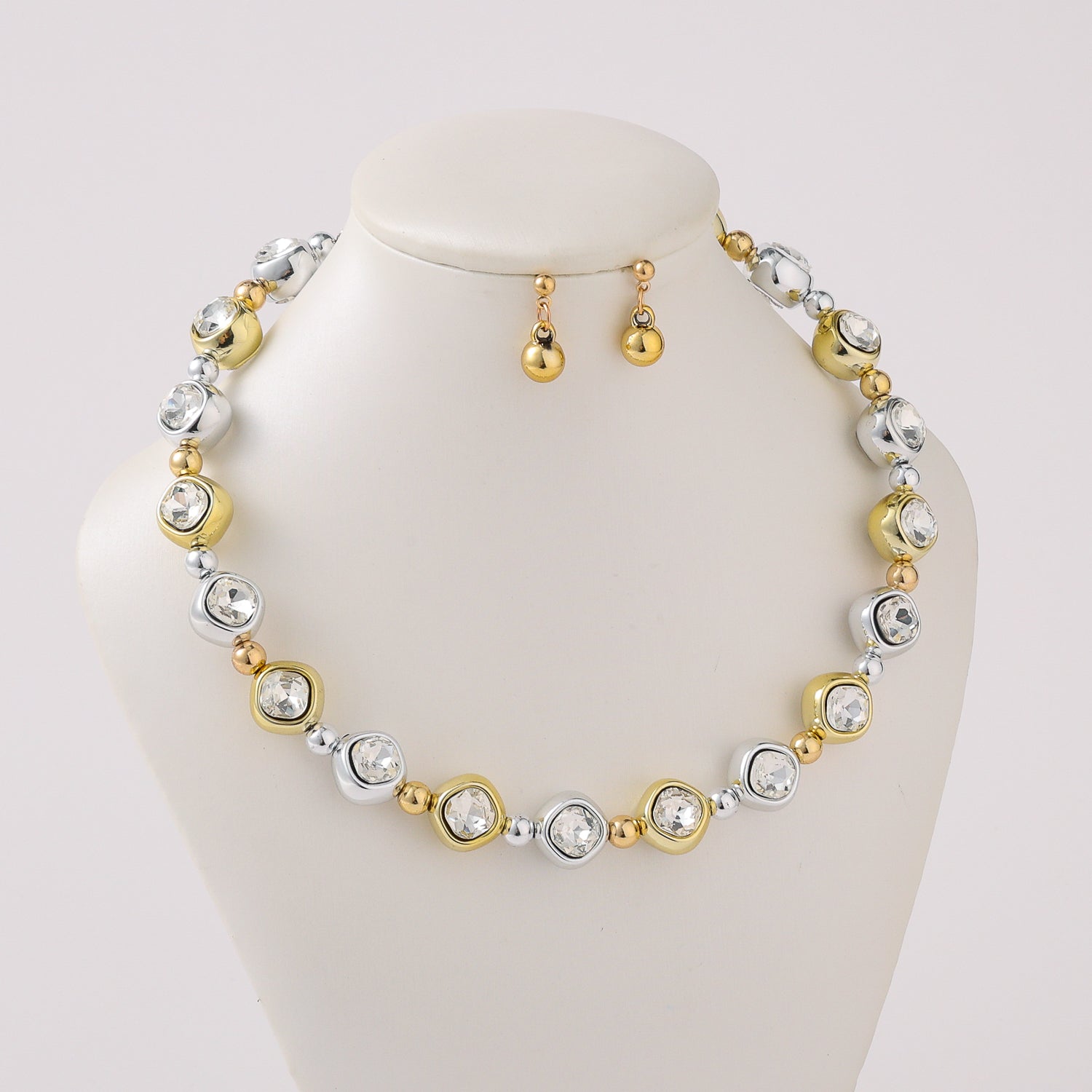 coll y are /choquer cristales g dentro/ bolitas / 2 tonos / dorado y plata / arete cristal