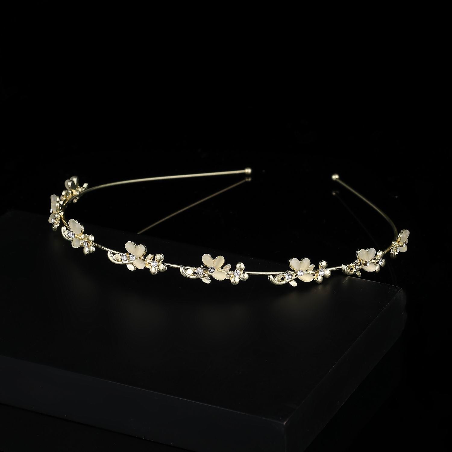 DIADEMA DEL PLATA MARIPOSAS Y FLORES OJO DE GATO Y CRISTAL / DORADA
