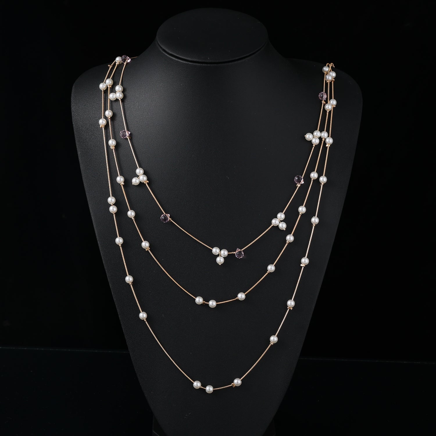 28" largo 3 cadenas delgadas / perlita y cristal checo / dorado