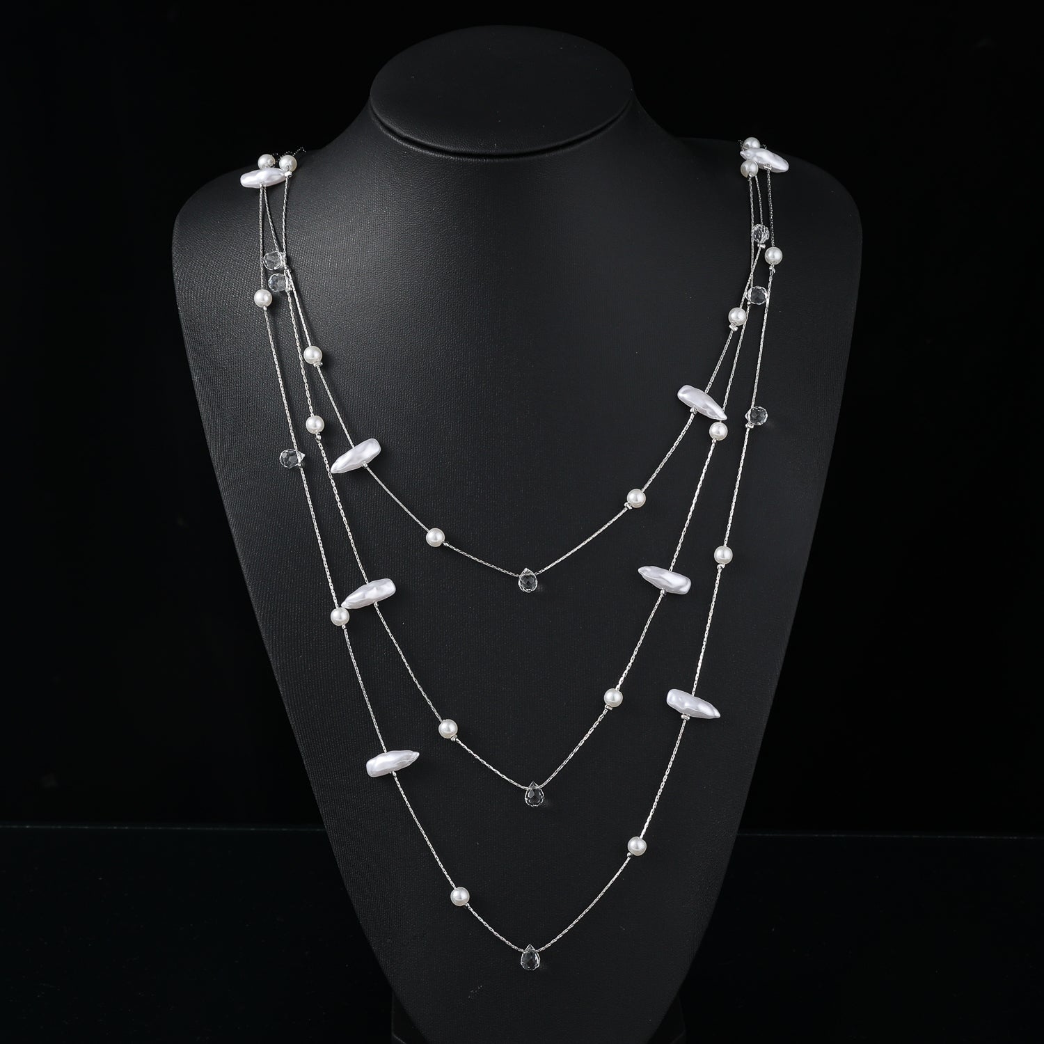 28" largo 3 cadenas delgadas / perlita  / perla amorfa alargada /cristal checo / plata