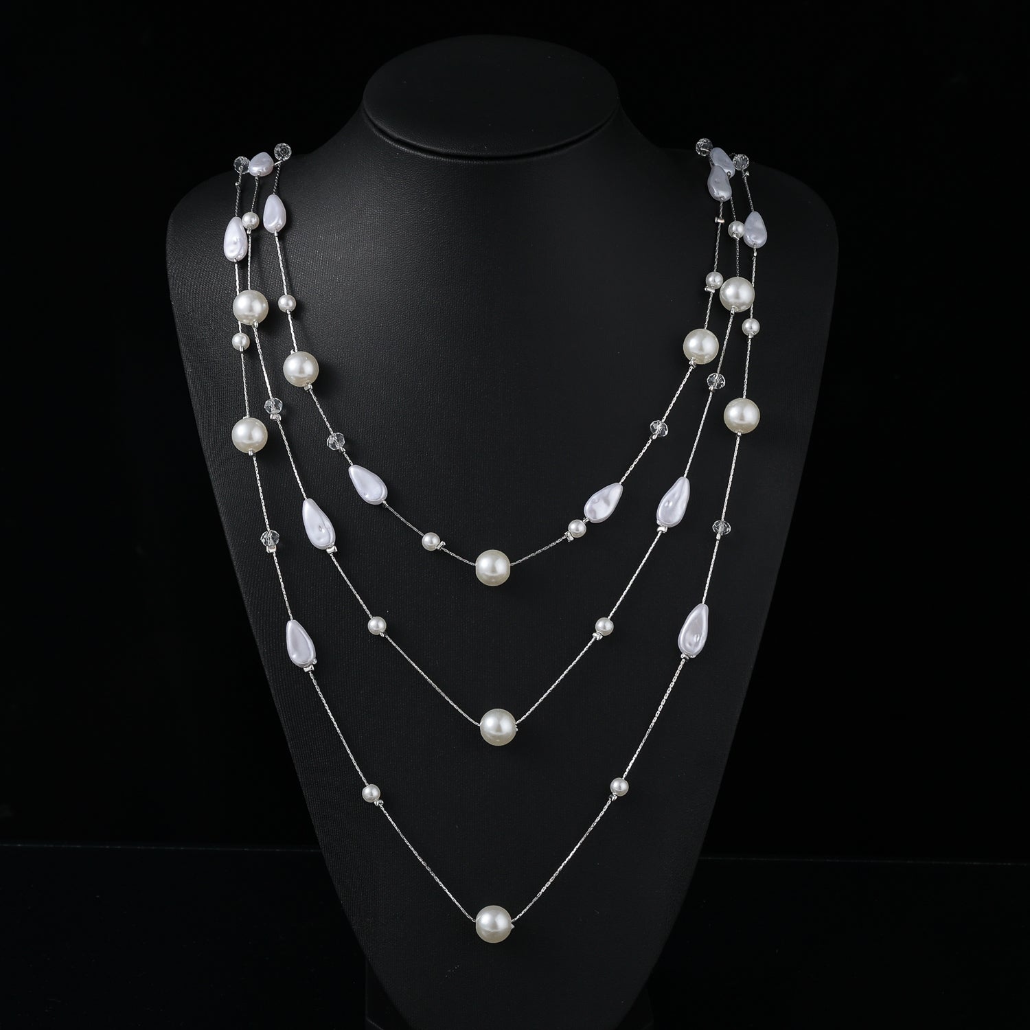 28" largo 3 cadenas delgadas / perla grande  / gota amorfa /perlita/ plata