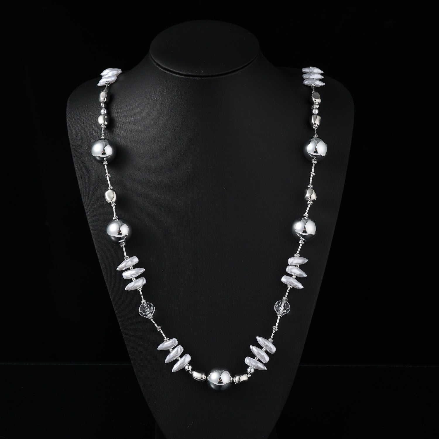 28" largo / bolas grandes/ gotas / perla alargada / tosco / plata