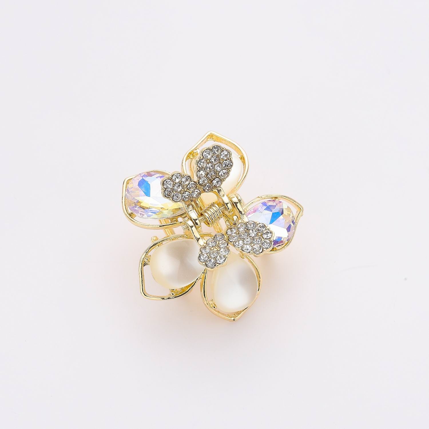 PINZA MINI METAL / FLOR PERLA Y CRISTAL / DORADO