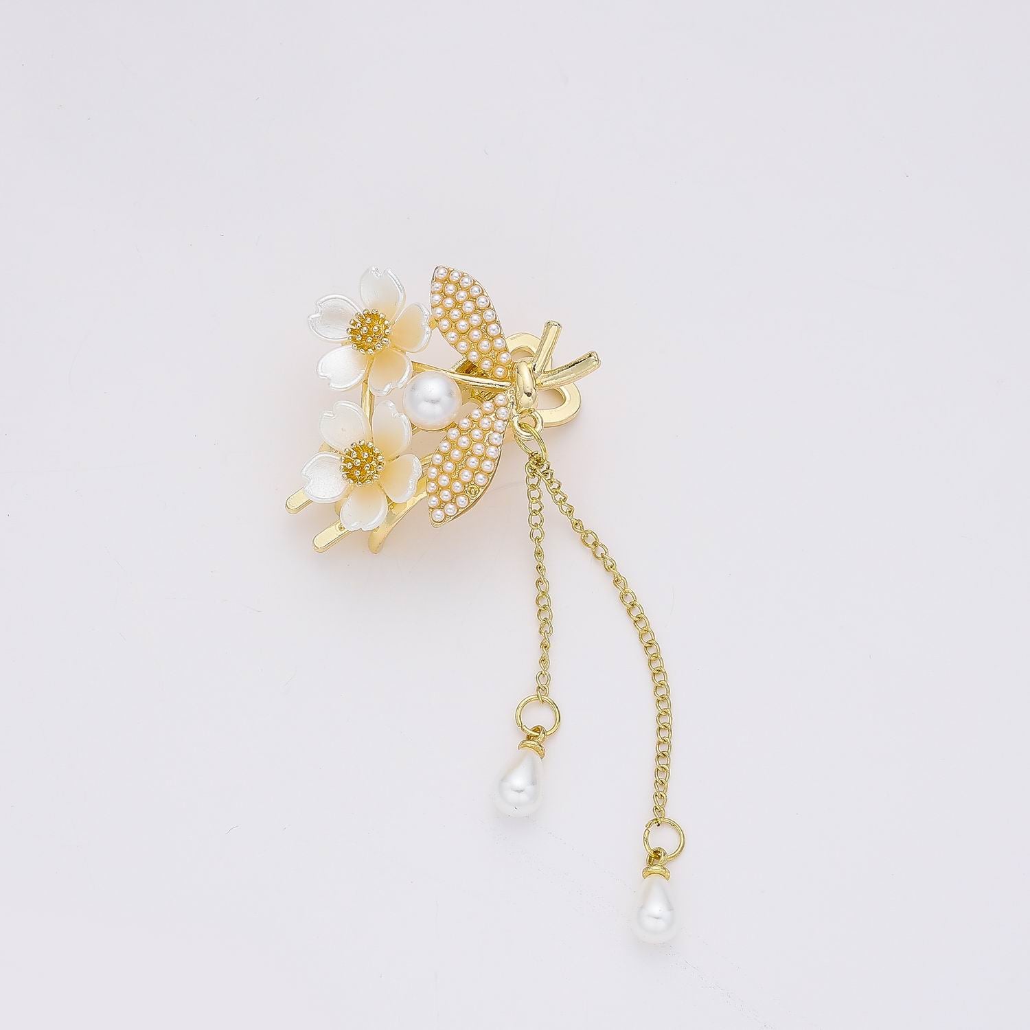 PINZA CHICA METAL/ FLORES APERLADAS /CUELGAN CADENAS / DORADO