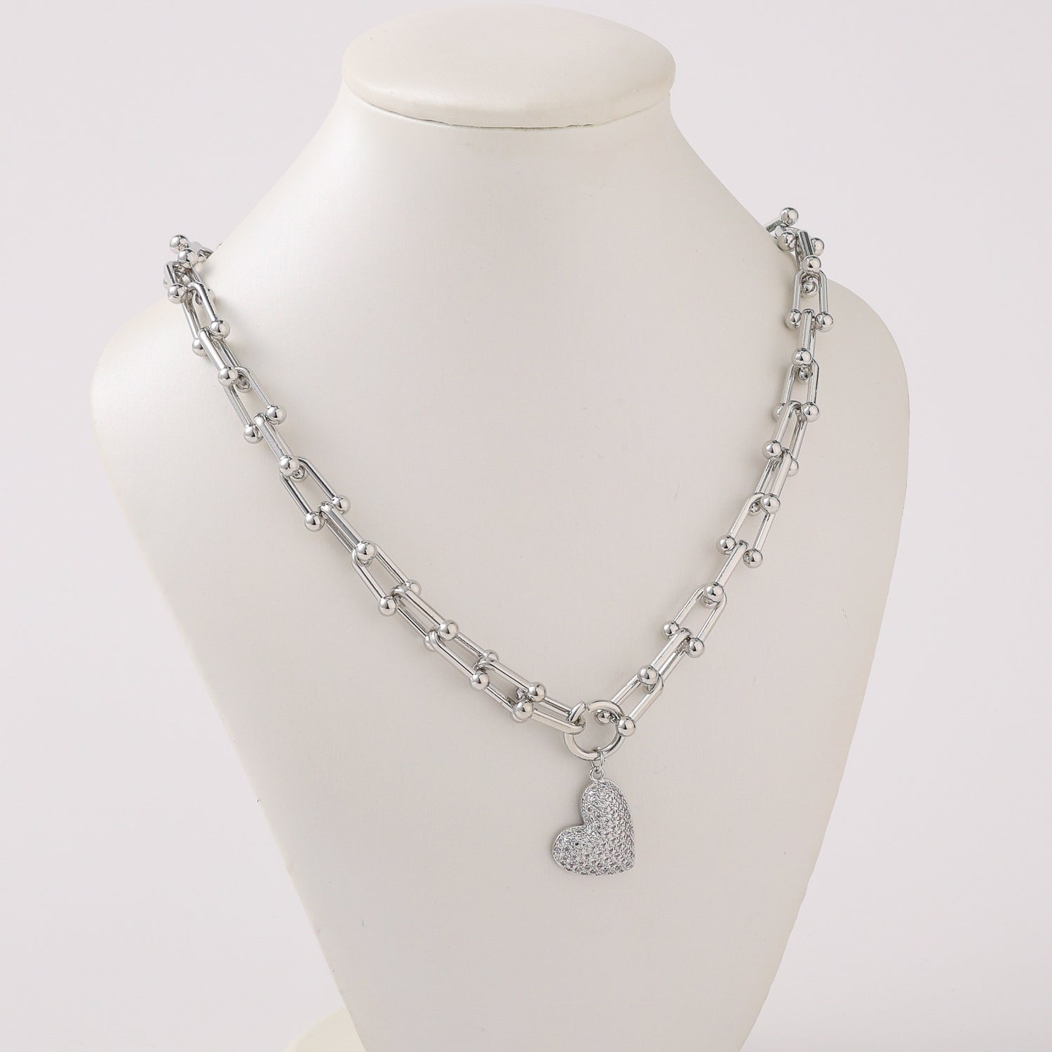 16" CADENA TOSCA ESLABOLN RECTANGULAR / DIJE CORAZON GORDO CRISTAL / PLATA