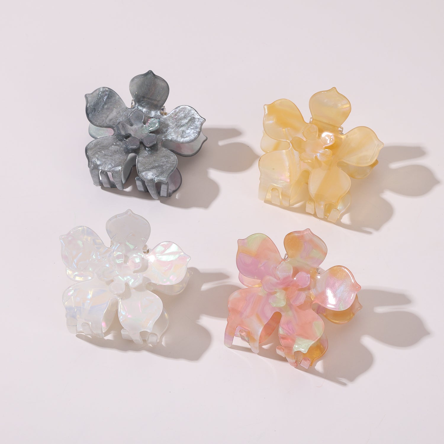 pinza grande acrilico 2 flores xg y mini / 5 petalos / tonos nacarados