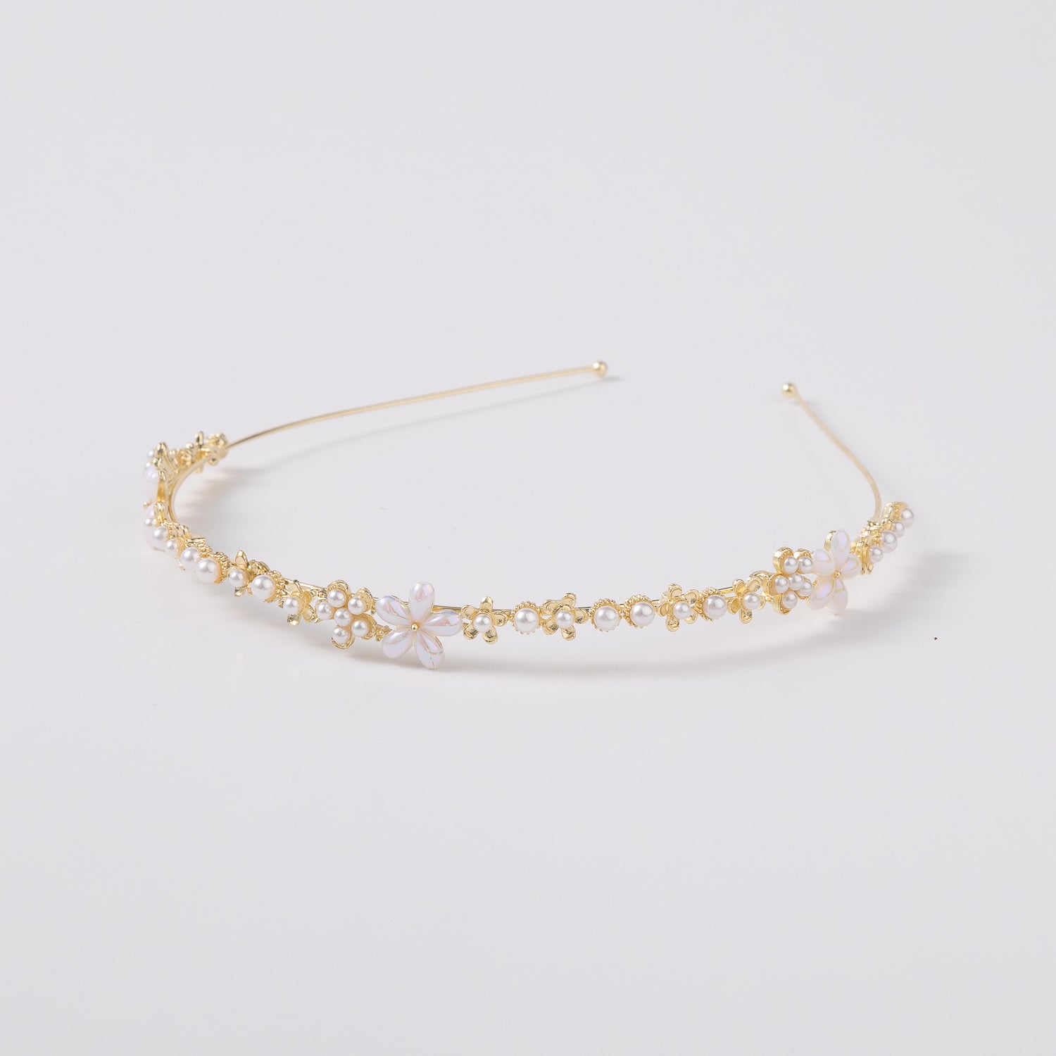 DIADEMA METALICA / PERLAS / FLORES MOLDEADAS / CRISTAL / DORADO