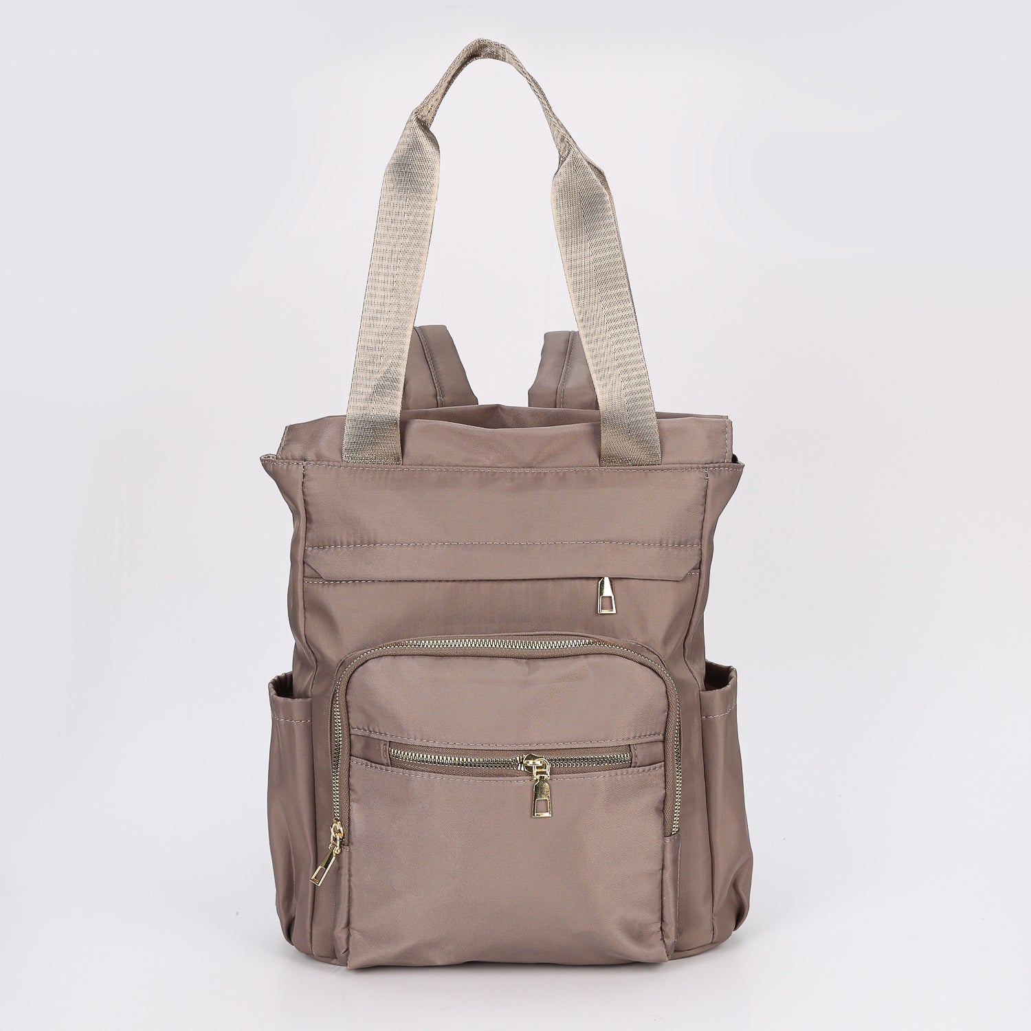 BACK PACK CON ASA LARGA / GRANDE VERTICAL / LONA/ BOLSA EXTERIOR Y LATERAL / MOKA