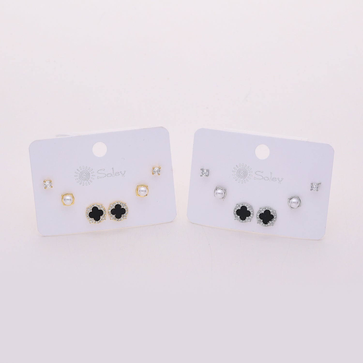 3 pares / broquel /flor negra perfil cristal / perla / cristal mini
