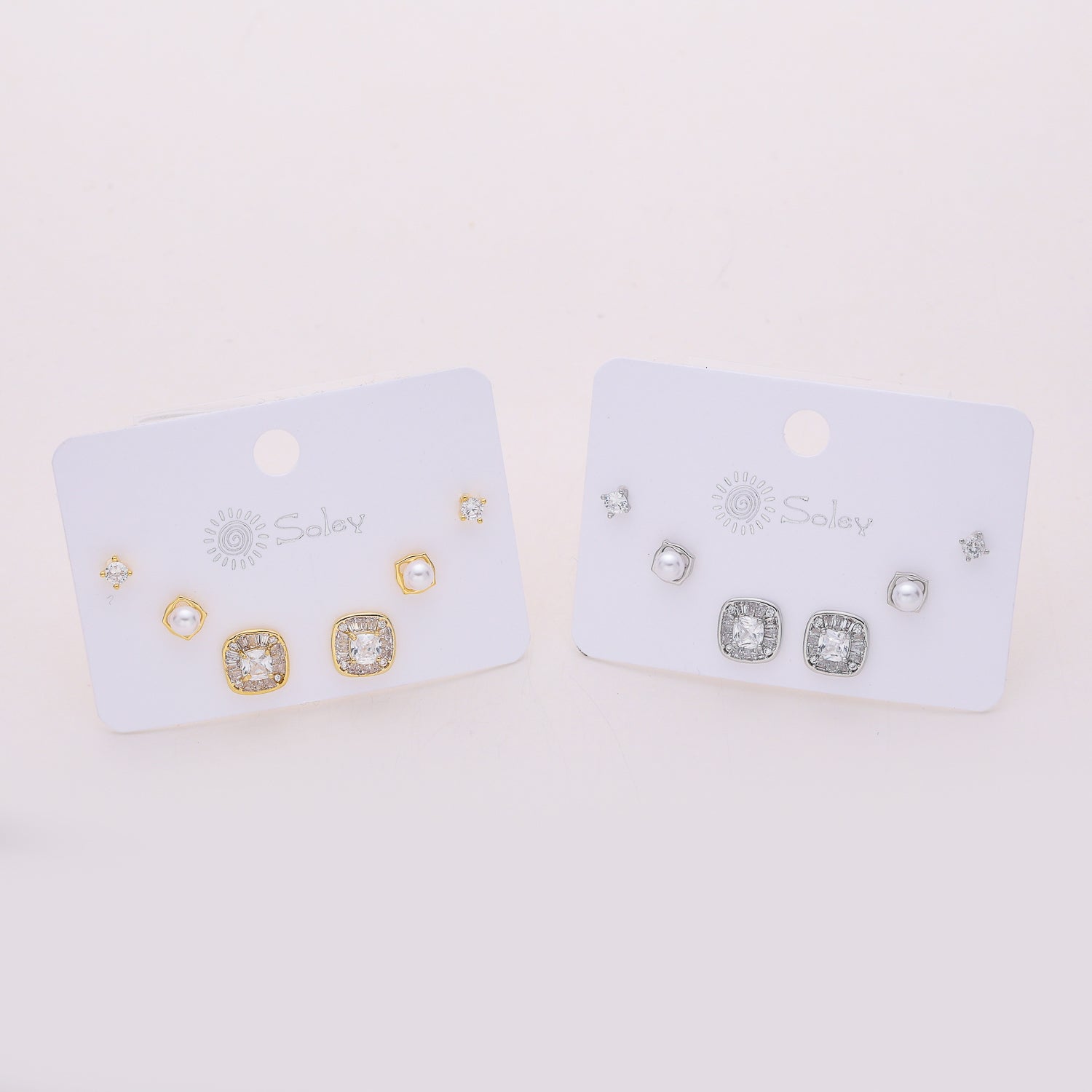 3 pares / broquel /cristal med cuadrado / perla / cristal mini
