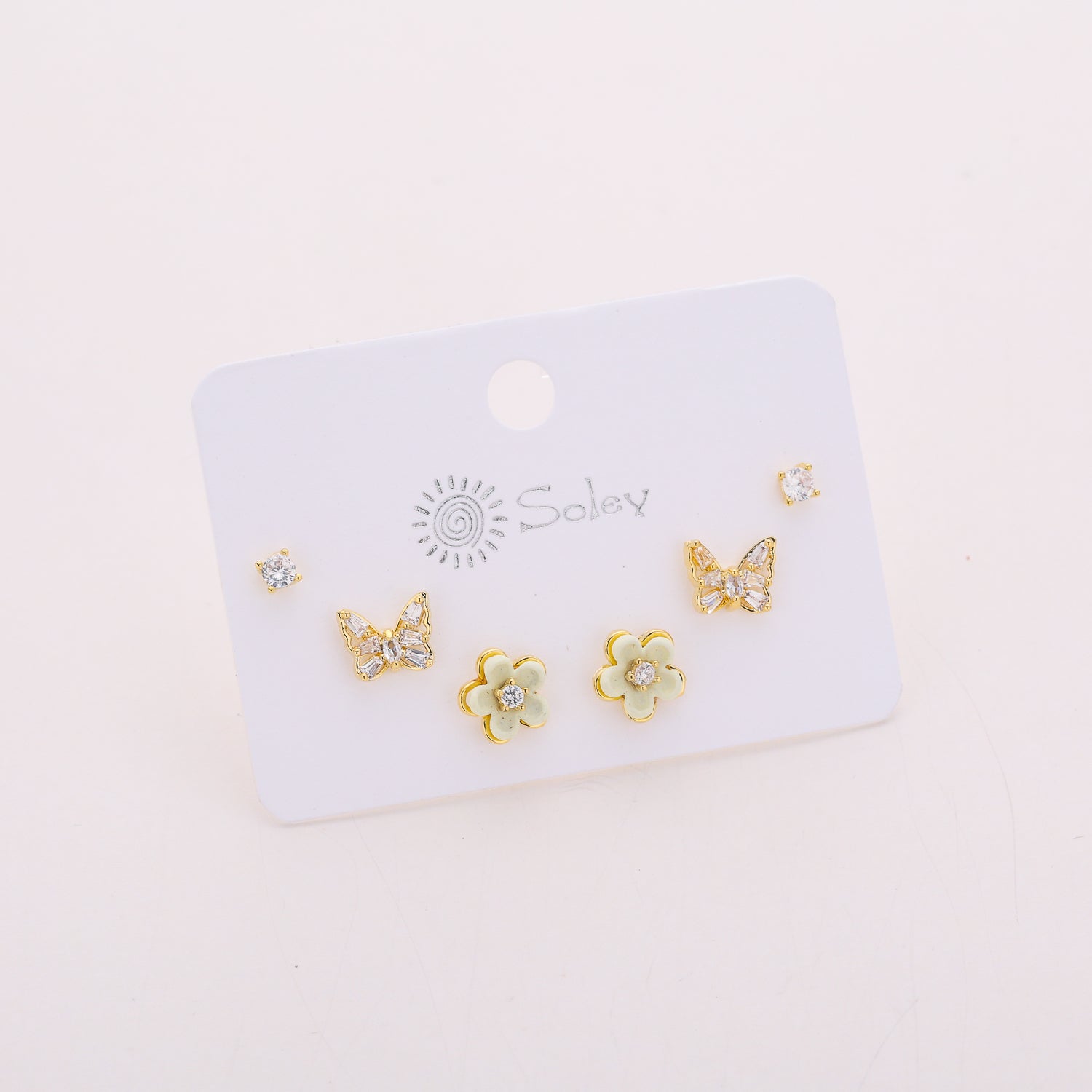 3 pares / broquel /mariposa / flor acrilico / cristal / dorado