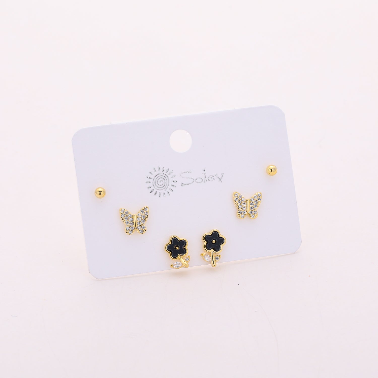 3 pares / broquel /flor esmalte negro / mariposa / bola / dorado