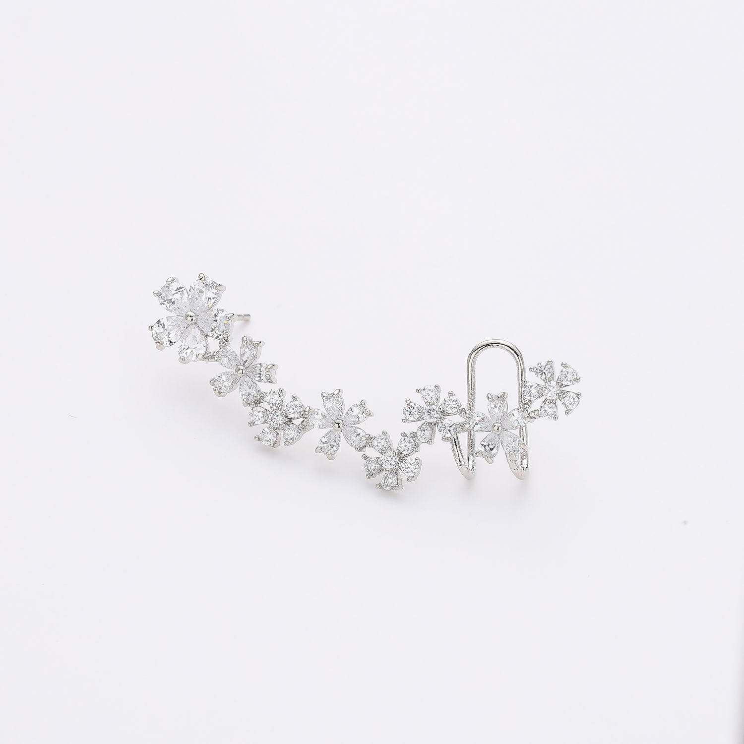 1 PZ / 2 GANCHOS LATERALES PERFIL LARGO FLORES CRISTAL MEDIANOS / PLATA