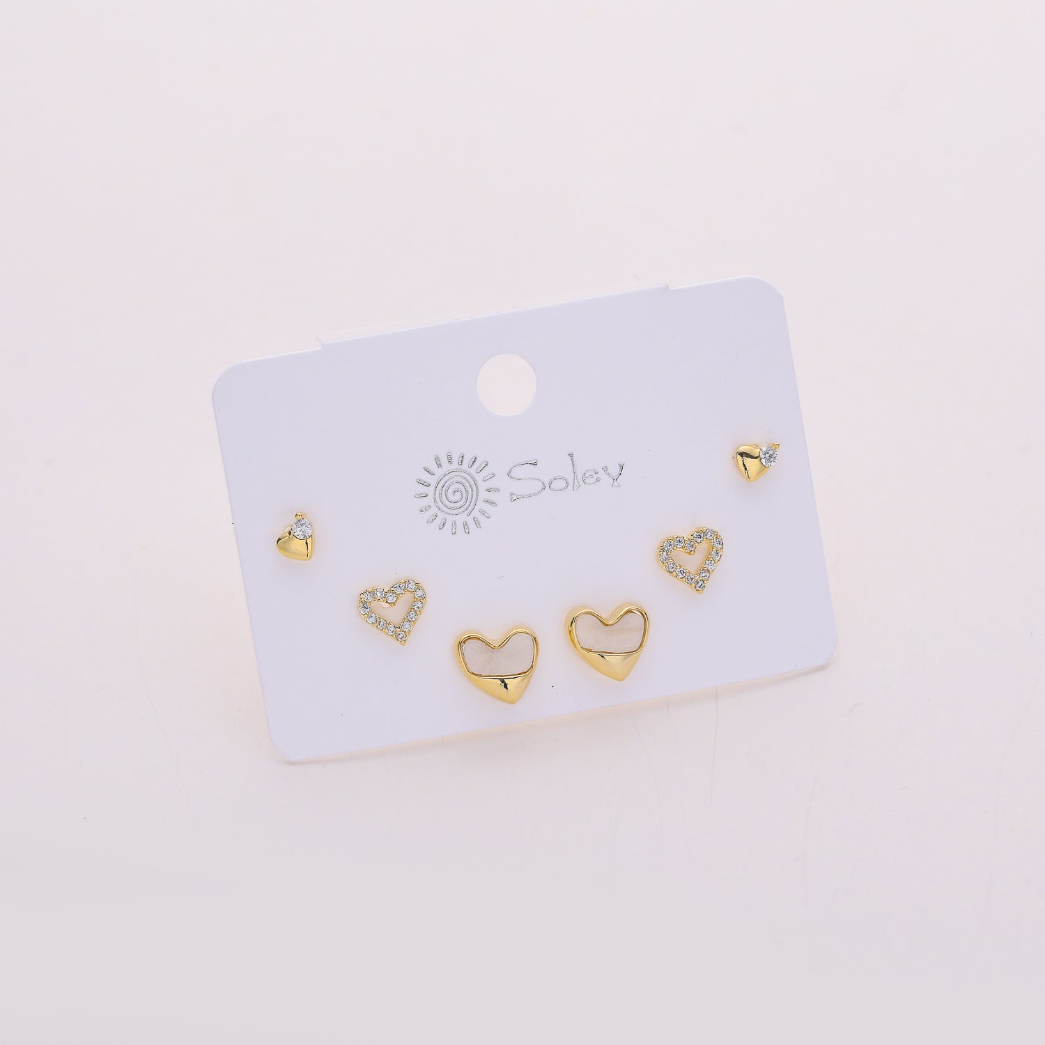 3 pares / broquel /3 corazones / madre perla / cristal / dorado
