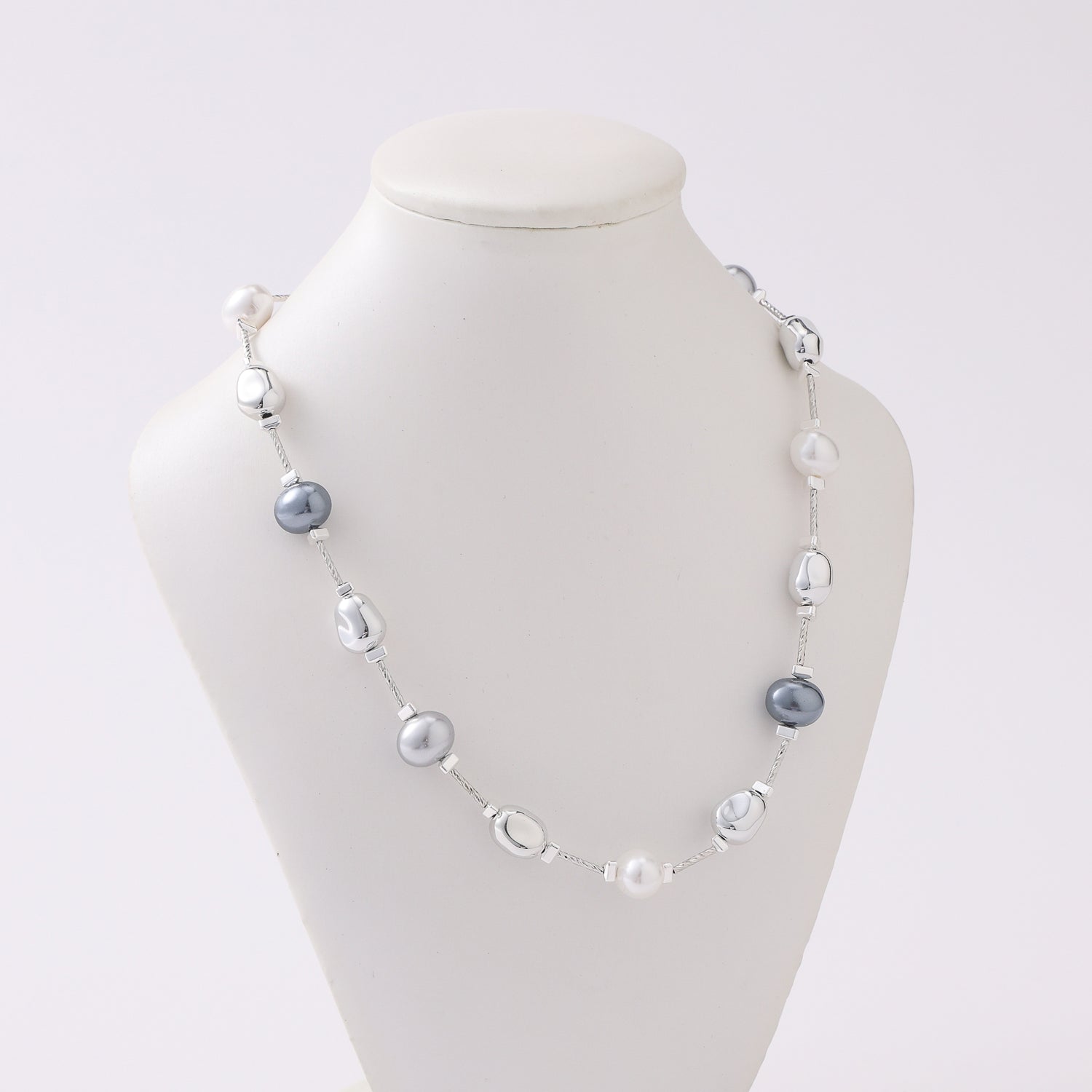 16" CADENA DEL / OVALOS AMORFOS PLATA / PERLA GRIS