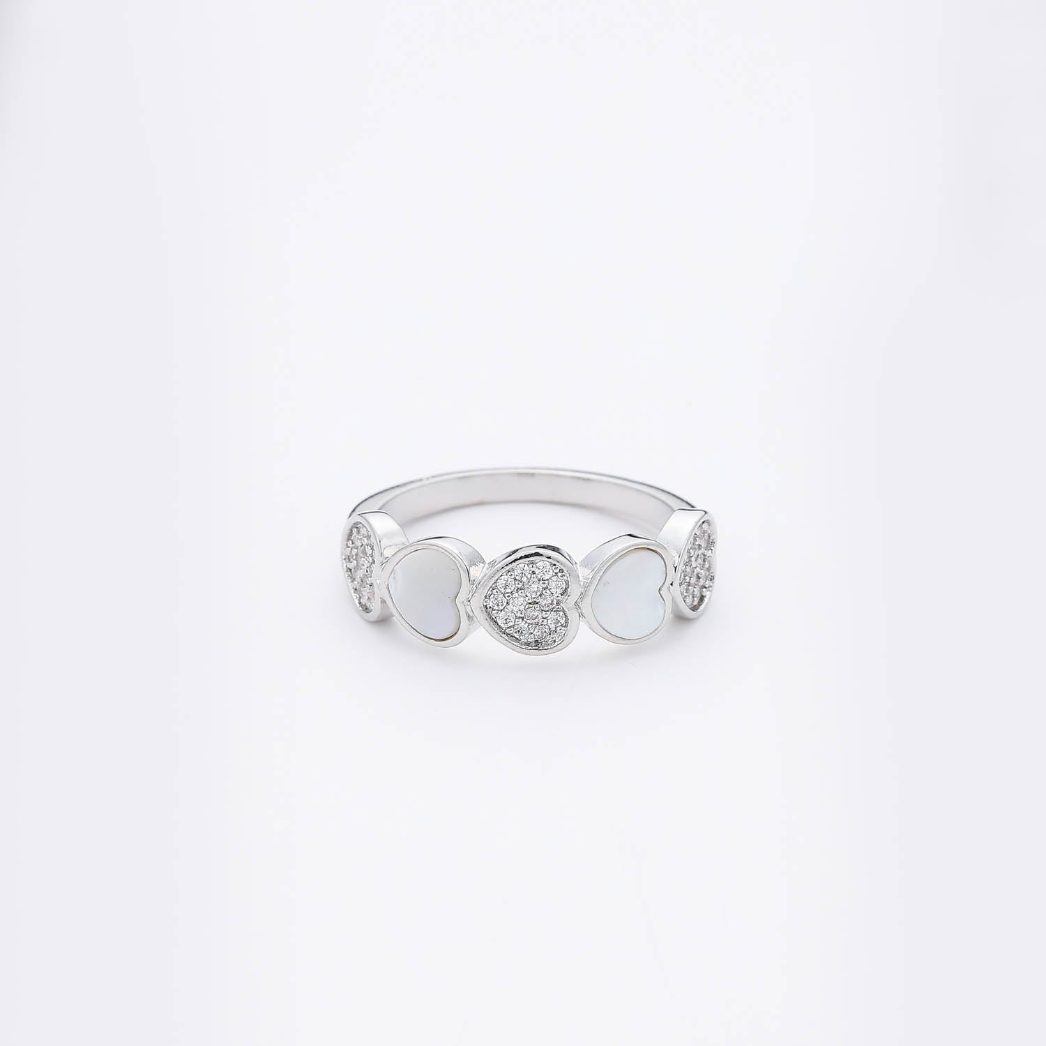 ARGOLLA MED $ CORAZONES / MADRE PERLA Y CRISTAL PLATA