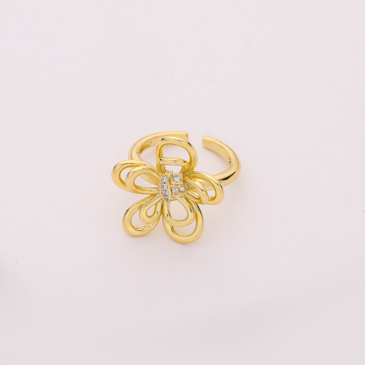 anillo delgado flor en perfil grande / 2 niveles / dorado / 1 cristal