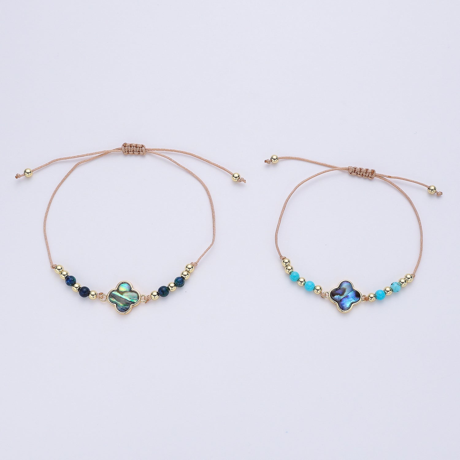 PULSERA CORDON /BOLA DORADA Y AZUL / FLOR VAN  / DORADO