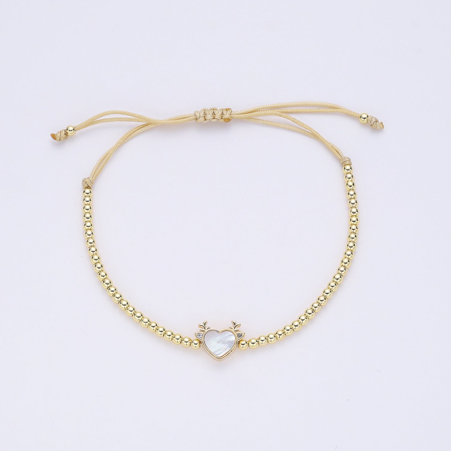 PULSERA CORDON / BOLITAS DORADAS / CORAZON MADRE PERLA