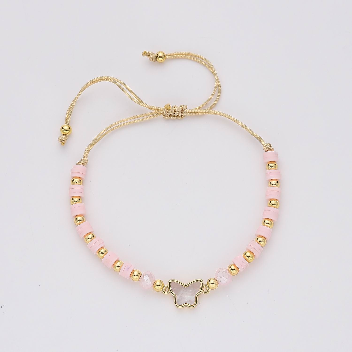 CORDON / BOLITAS METAL Y LENTEJUELA ROSA / DIJE MARIPOSA MADRE PERLA