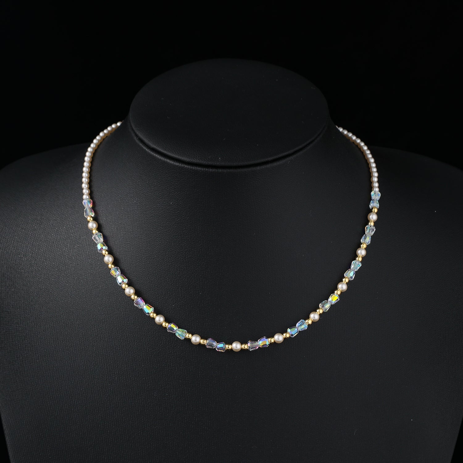 16" gargantilla perla chica/bolitas doradas / cristal checo / dorado