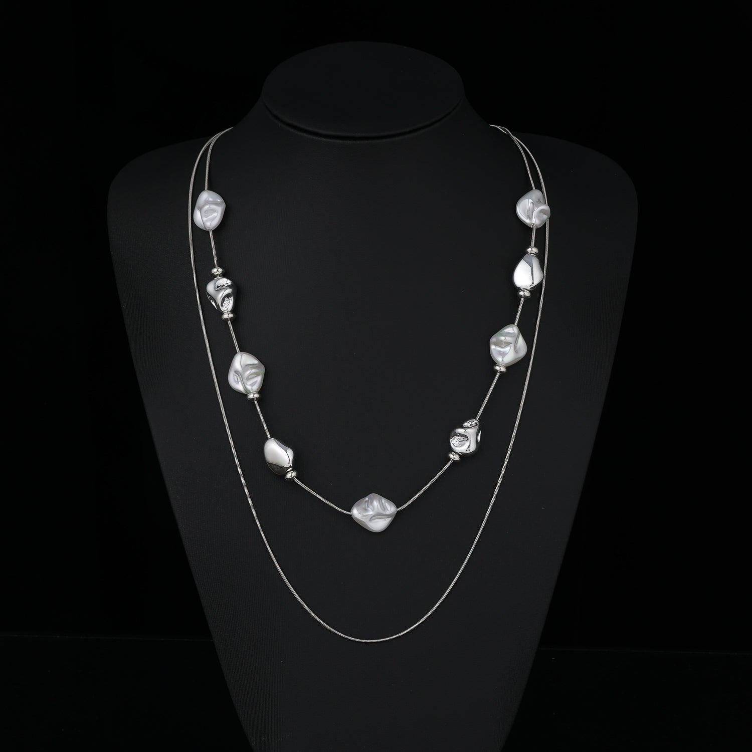 24" largo / 2 cadenas delgadas /gotas amorfas  aperladas y  plata