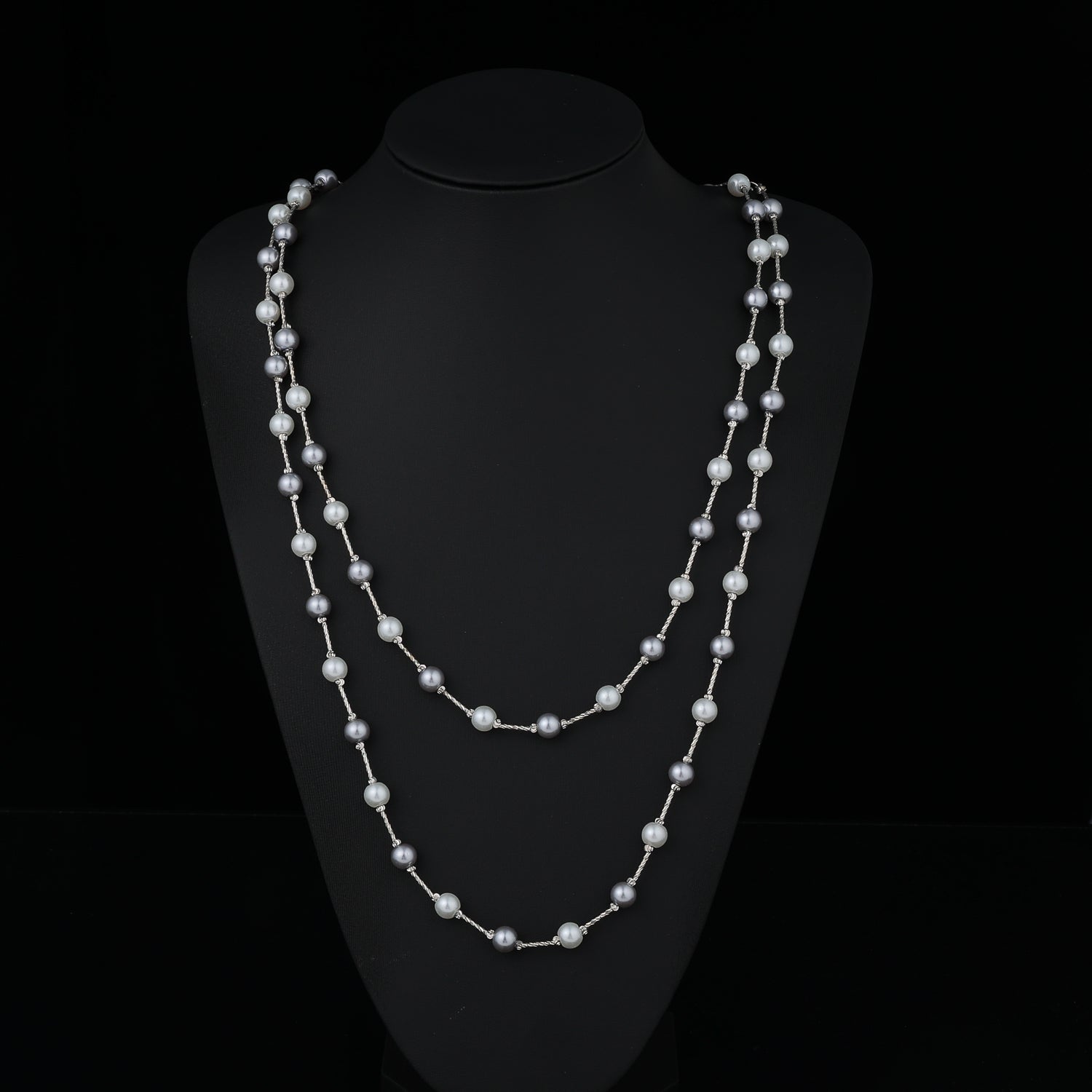 24" largo / 2 lineas palitos plata / perla blanca y gris