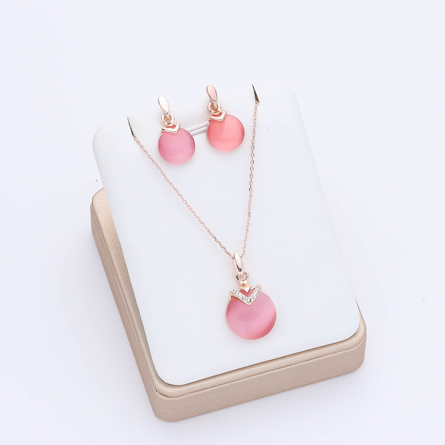 COL Y ARE / 16 " CAD DEL DIJE CIRCULO OJO DE GATO ROSA / ARETES JUEGO