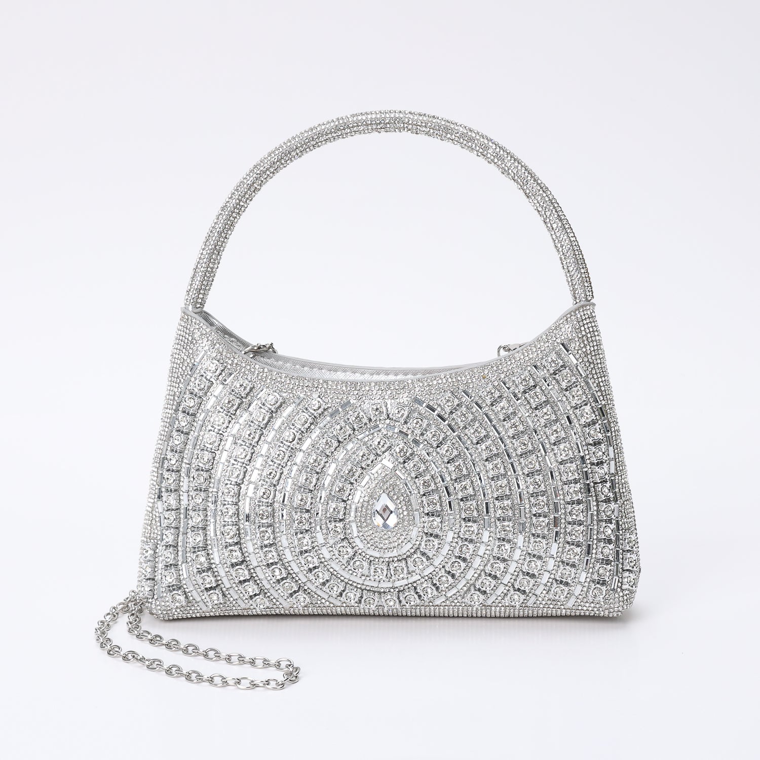 NOCHE / BOLSA DE ASA TRAPECIO CHICA / CRISTAL EN GRECA REDONDEADA / PLATA