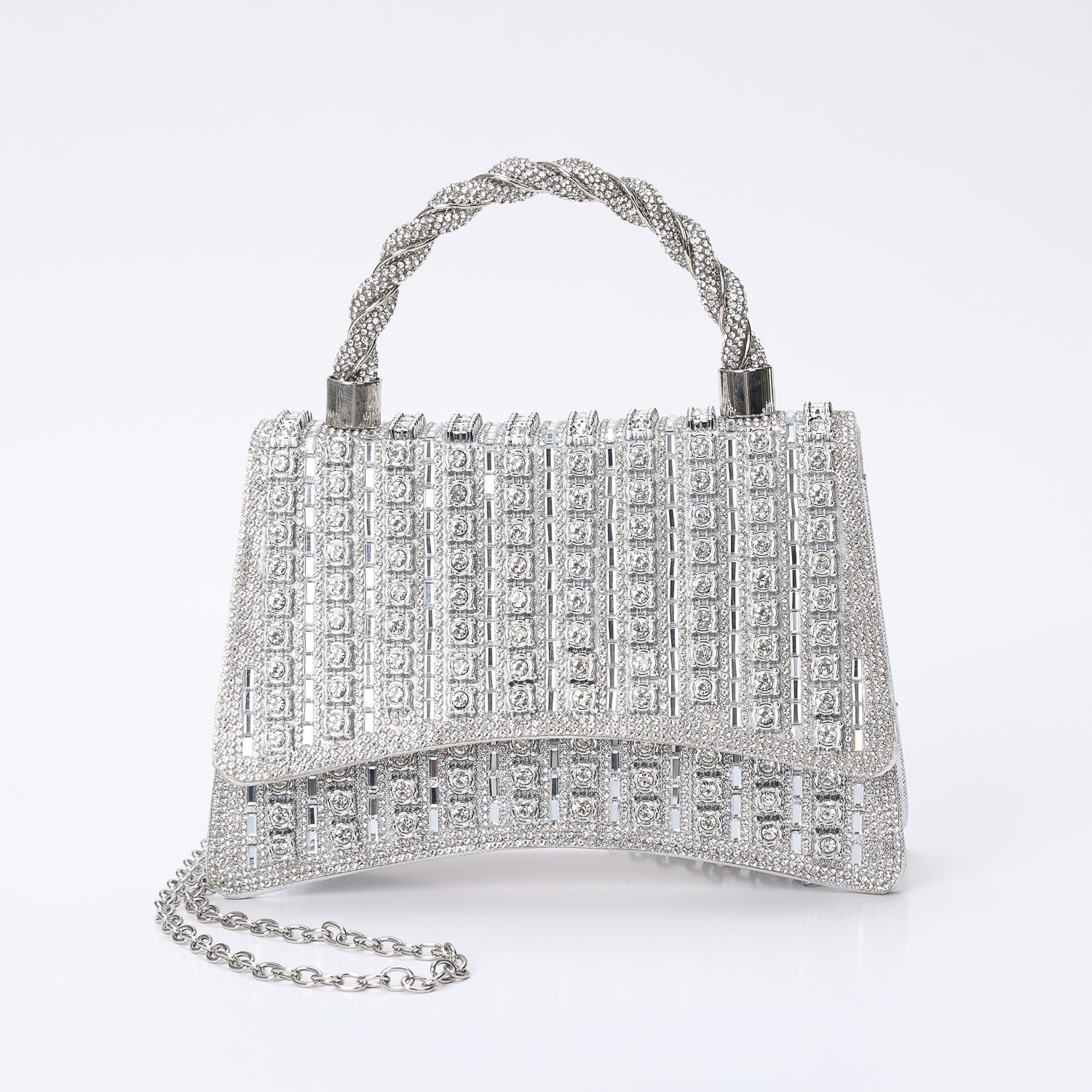 NOCHE / BOLSO DE MANO / CRISTAL MEDIANO EN LINEAS/ ASA TRENZADA / PLATA