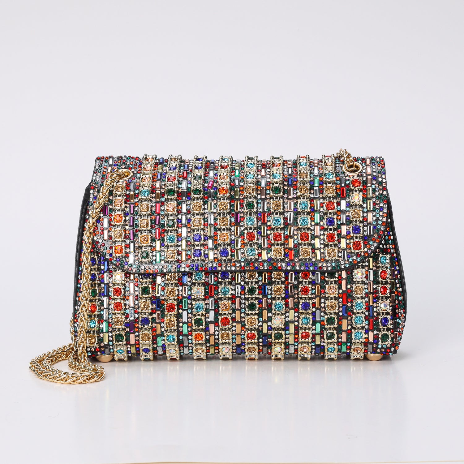 NOCHE / BANDOLERA / RECTANGULAR CHICA NEGRA CRISTAL EN LINEA MULTICOLOR / DORADO