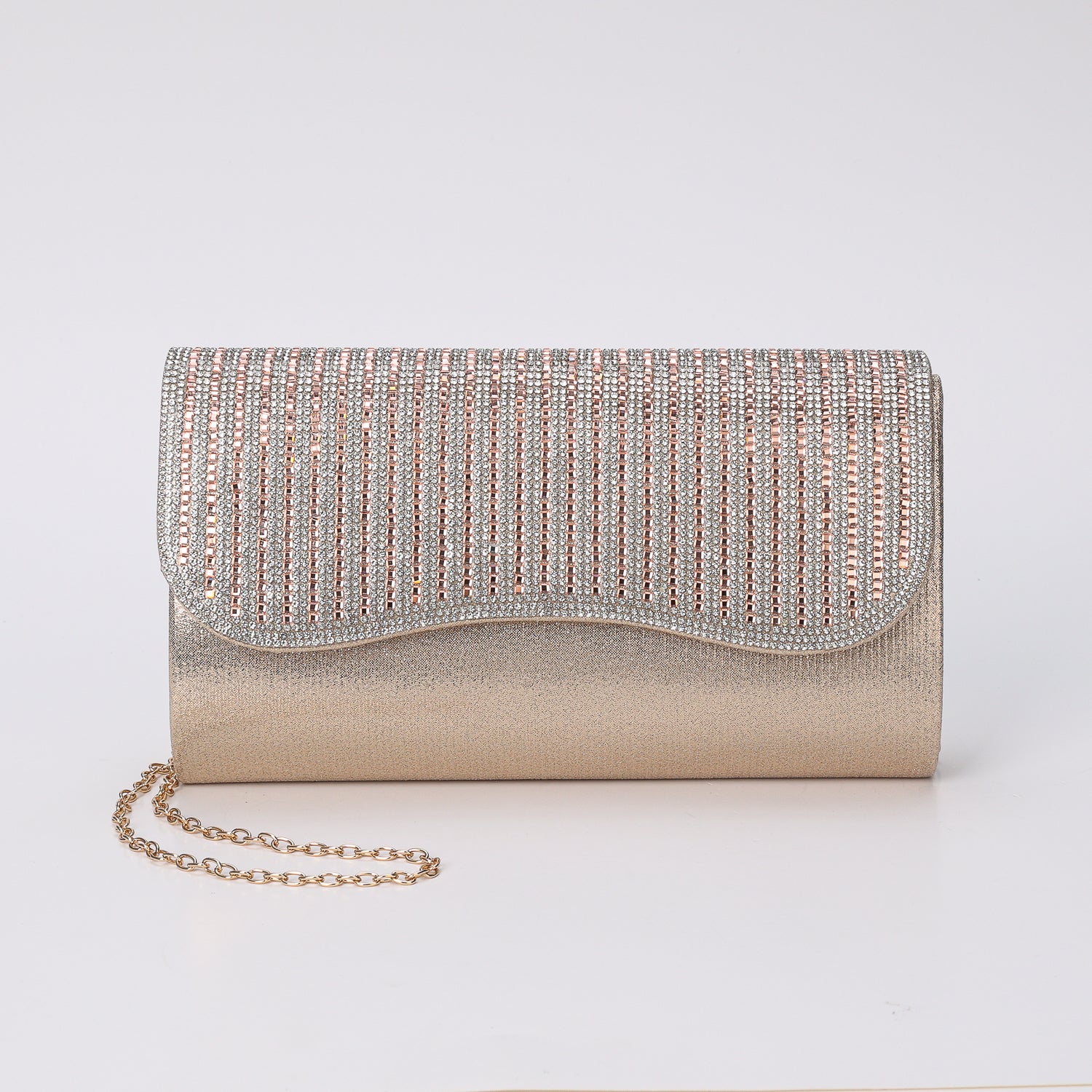 NOCHE / RECTANGULAR / FLAP CRISTAL EN LINEA / TEXTIL BRILLANTE / DORADO