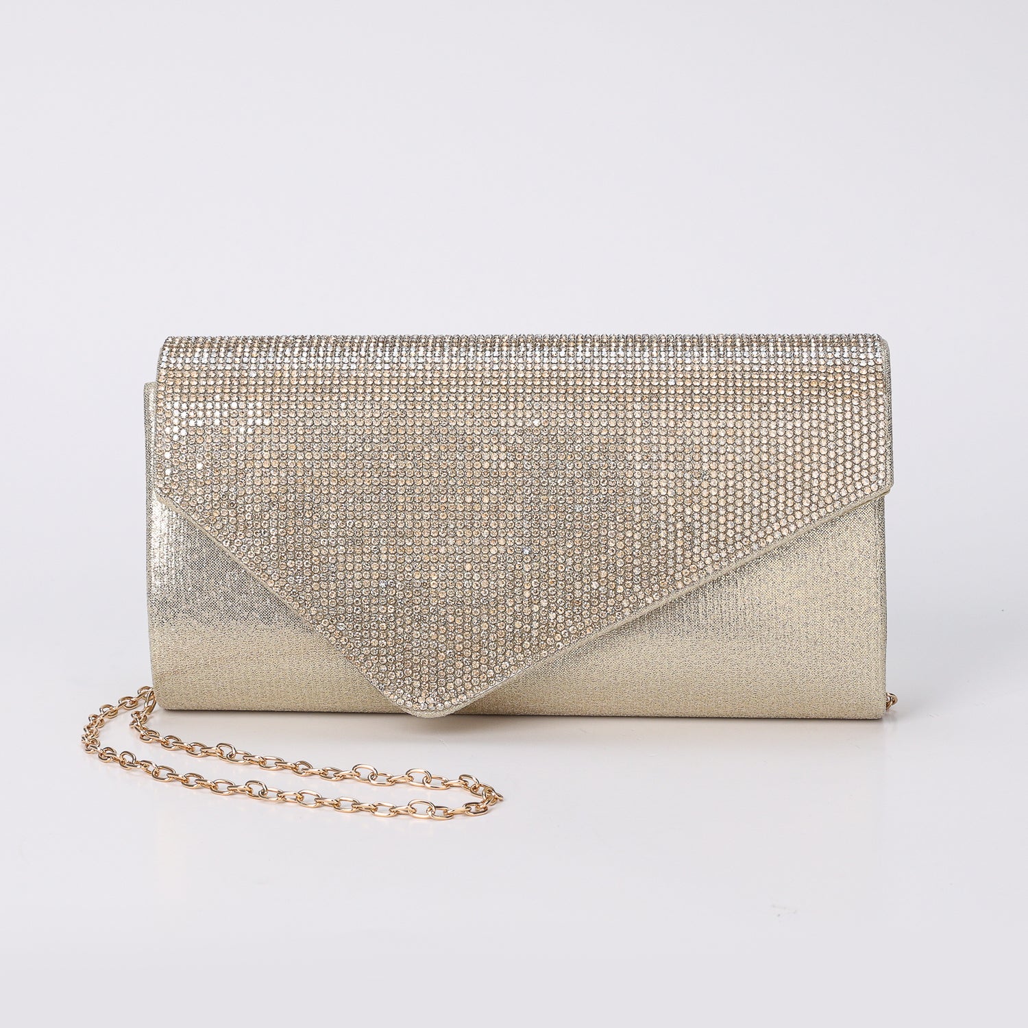 NOCHE / RECTANGULAR/FLAP EN PICO LATERAL/ CRISTAL/ TEXTIL BRILLANTE / DORADO
