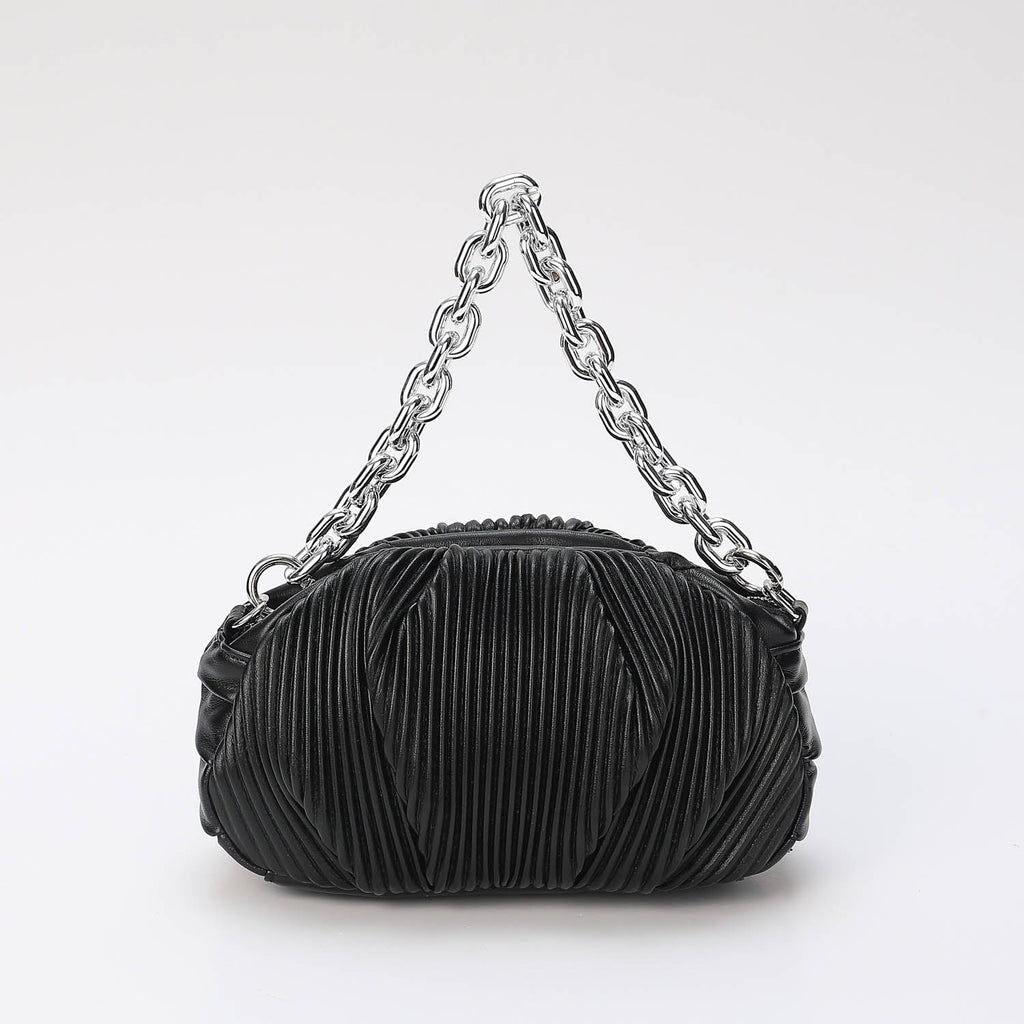 BOLSA BUCKET REDONDEADA CHICA MEGRA / CADENA DORADA / CORREA TELA / NE