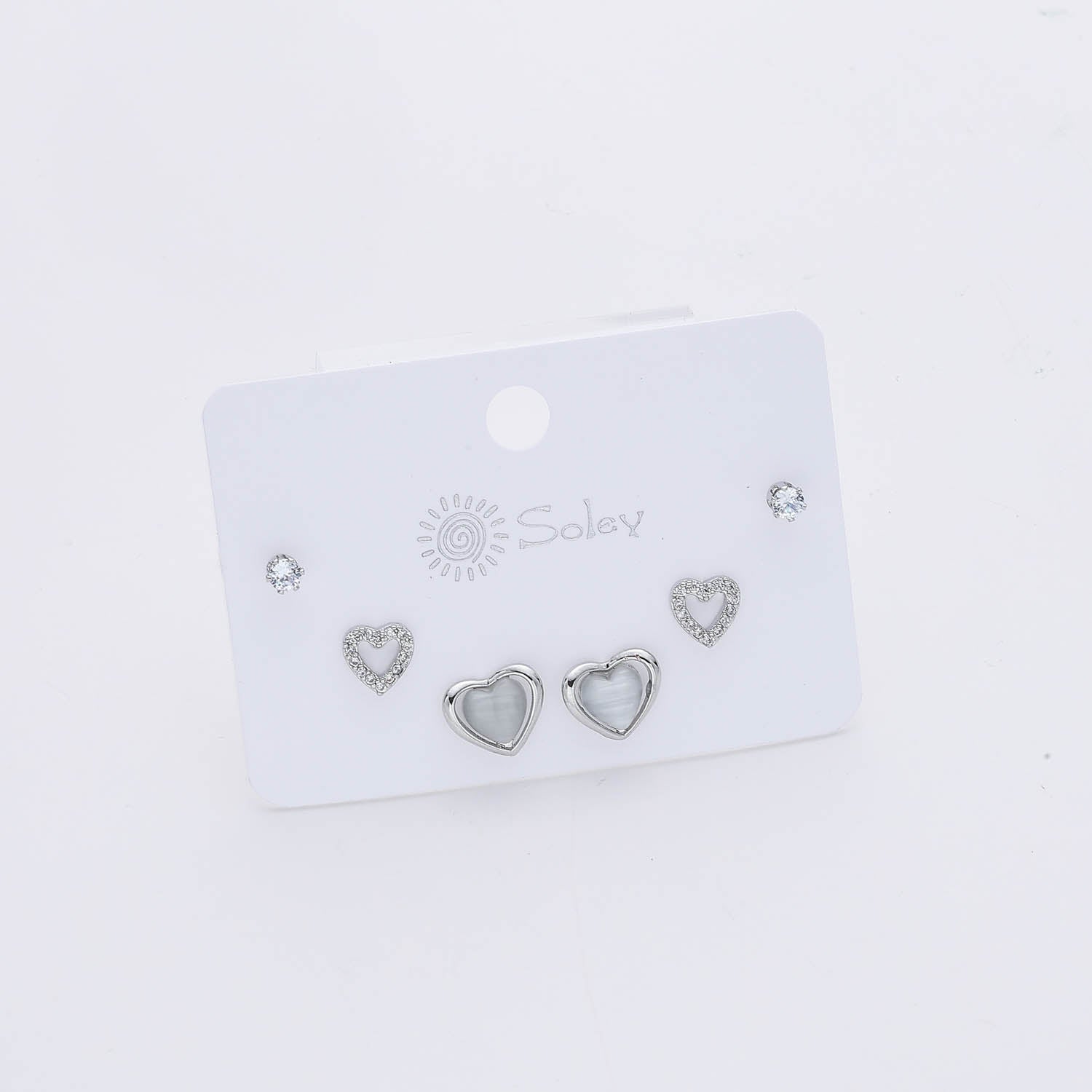 3 PARES /BROQUEL CORAZONES OJO DE GATO / CRISTAL / PLATA
