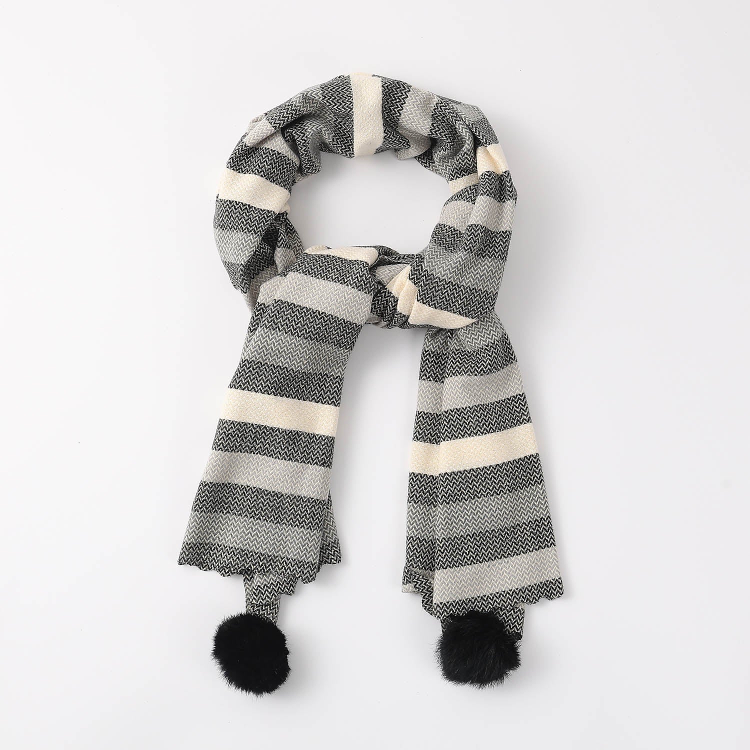 BUF GRUESA / LINEAS HORIZONTALES / GRIS NEGRO BEIGE / 2 BORLAS