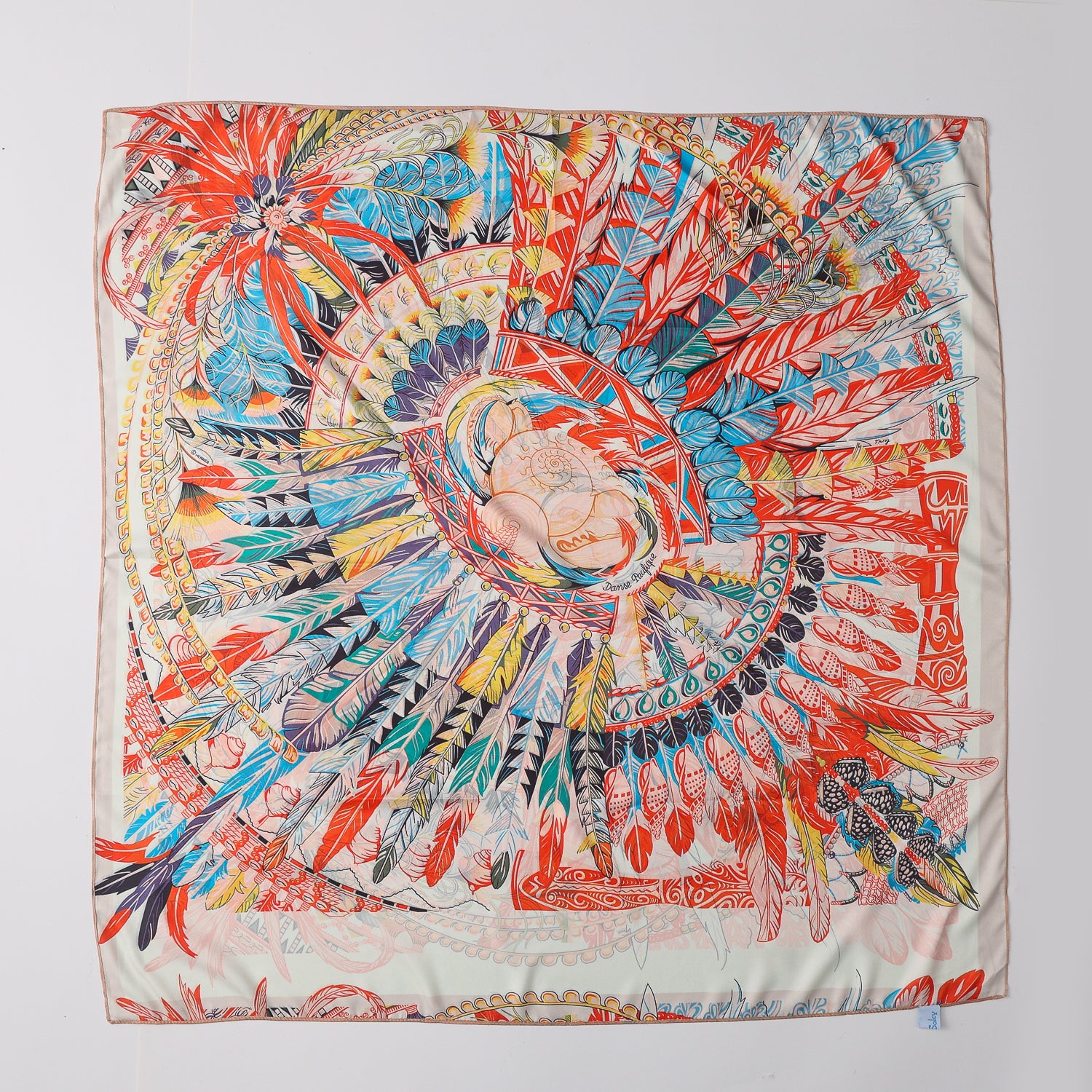 MASCADA 90X90 / DOS VISTAS/ CIRCULO CON PLUMAS JASPEADAS / BLANCO PEACH