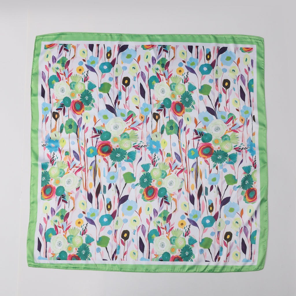 MASCADA 70X70 / RAMOS FLORES MULTICOLOR/ VERDE Y AZUL