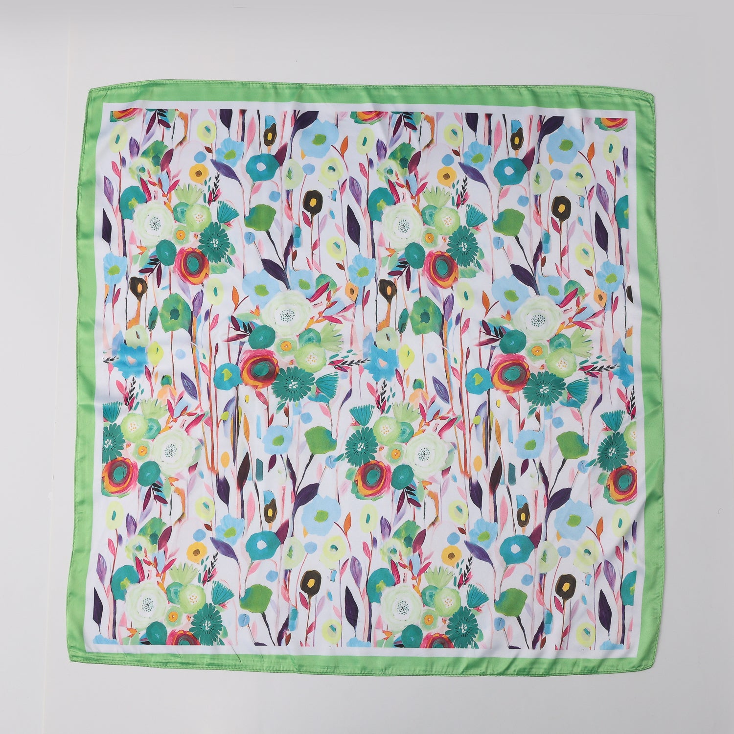 MASCADA 70X70 / RAMOS FLORES MULTICOLOR/ VERDE Y AZUL