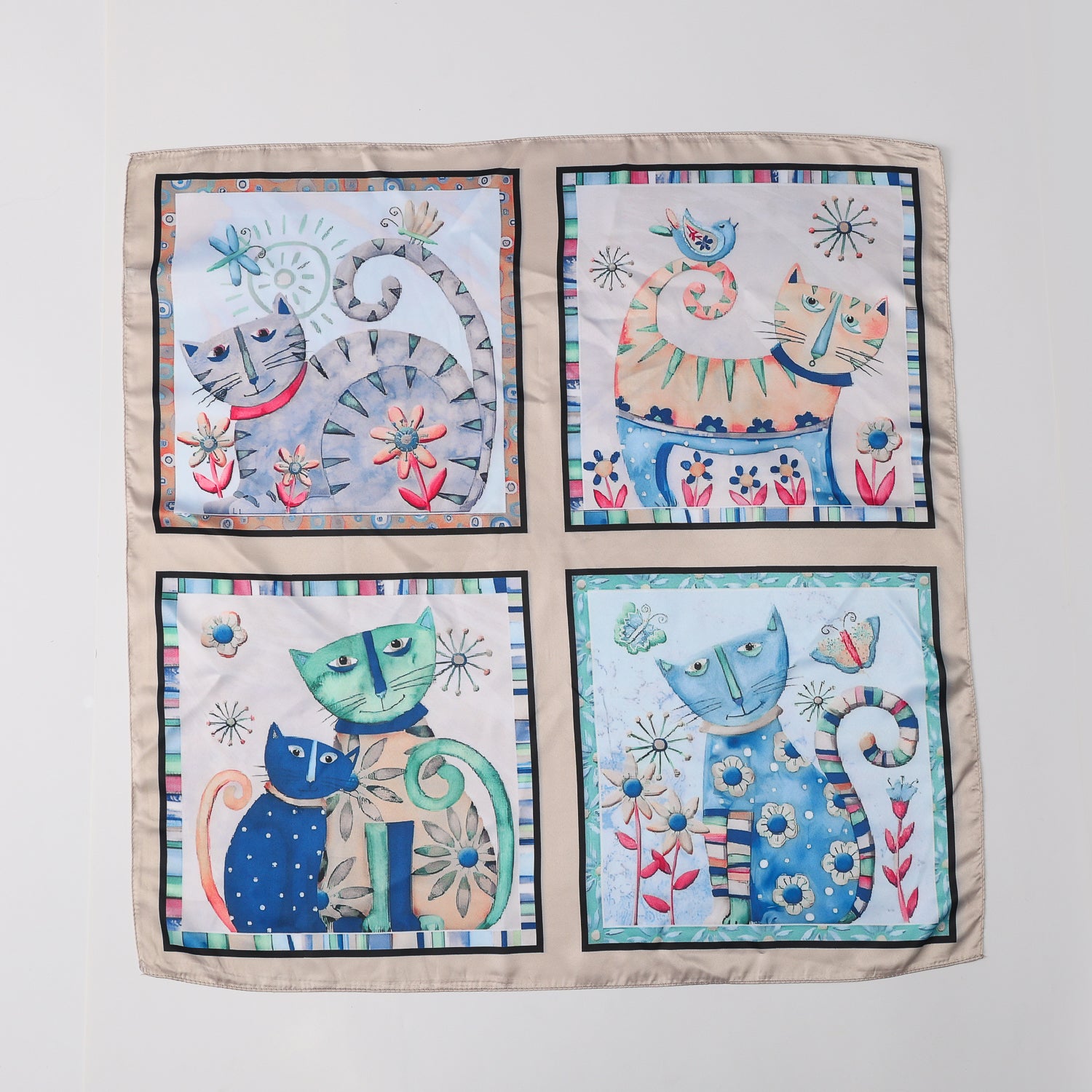 MASCADA 70X70 / 4 SECCIONES / 4 GATOS / ARTE MODERNO AZUL / PERFIL BEIGE