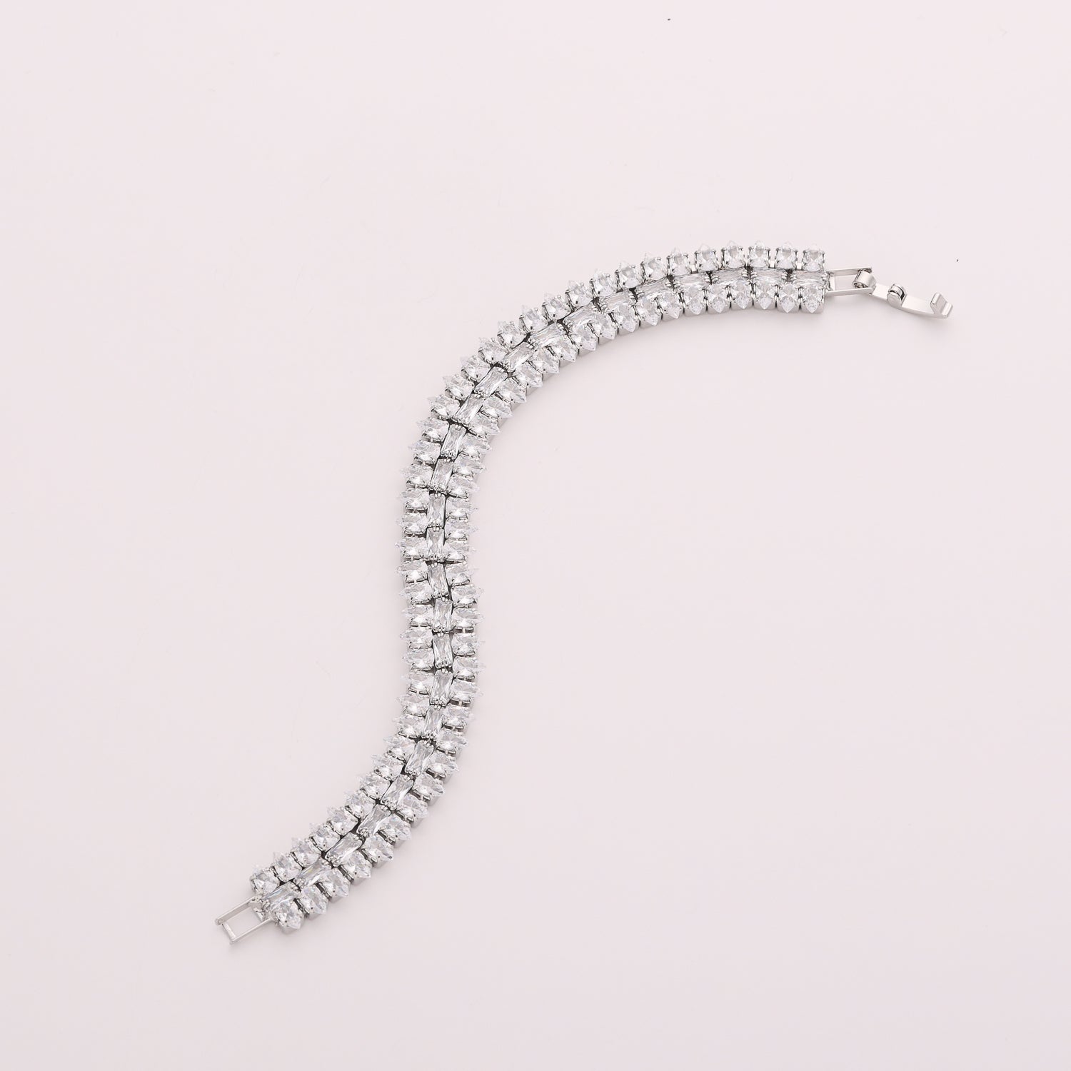PULSERA 3 LINEAS BAGGETTES Y MARQUISES MEDIANOS PLATA